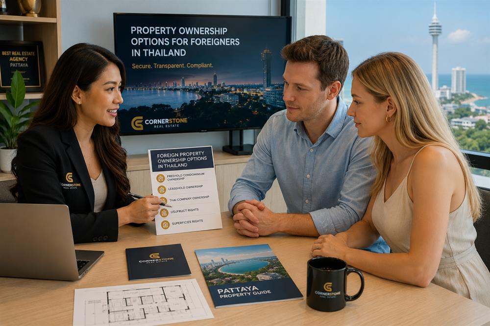 A professional property consultant explaining foreign ownership options in Thailand to international buyers, discussing legal structures, investment considerations, and property opportunities in Pattaya.